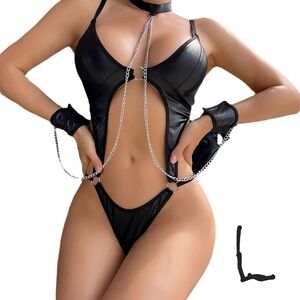 Black Cutout Leather Lingerie Set